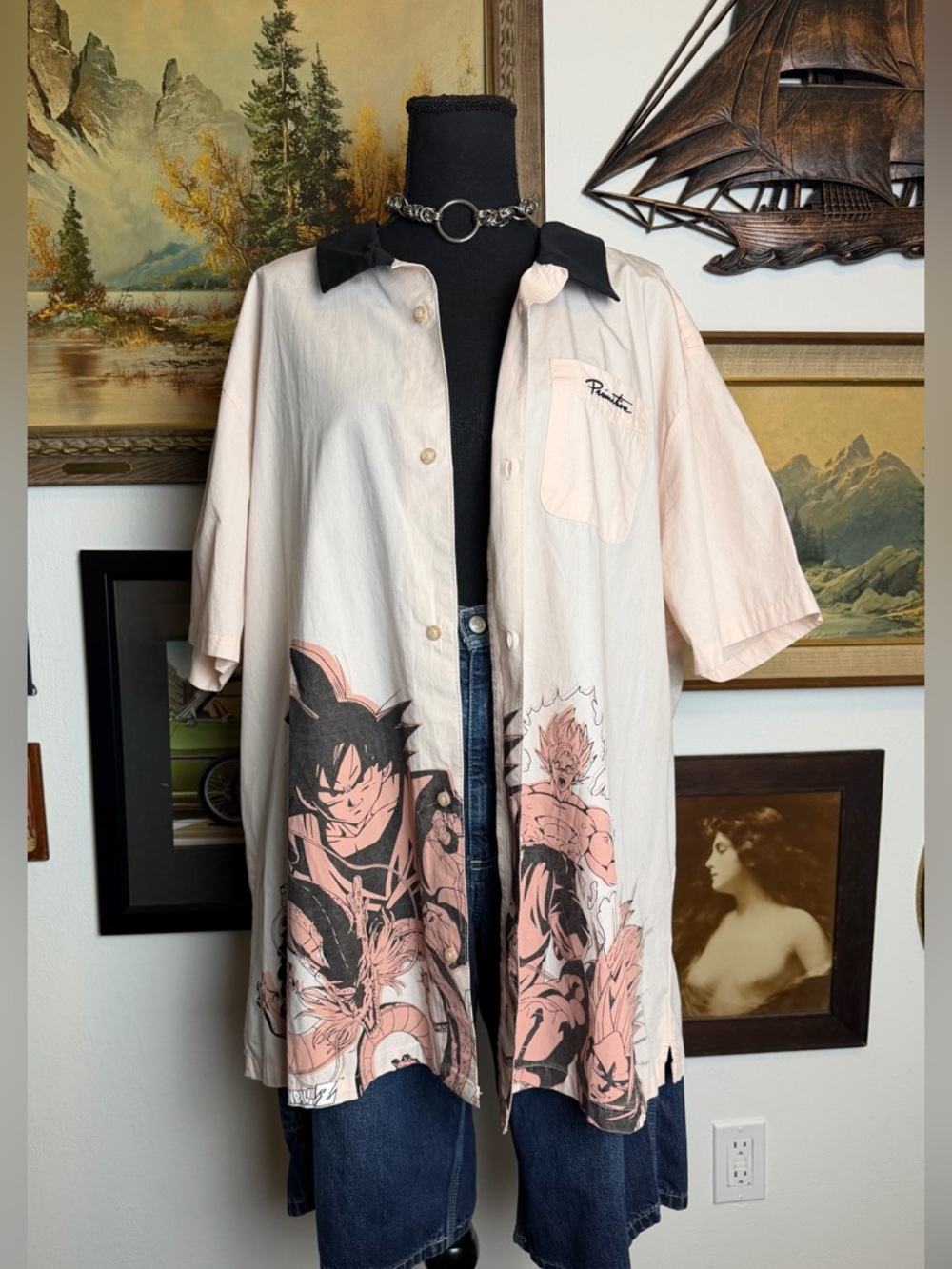 Primitive Dragon Ball Z Button Down Shirt Bowling Shirt Style Pink & Black XXL